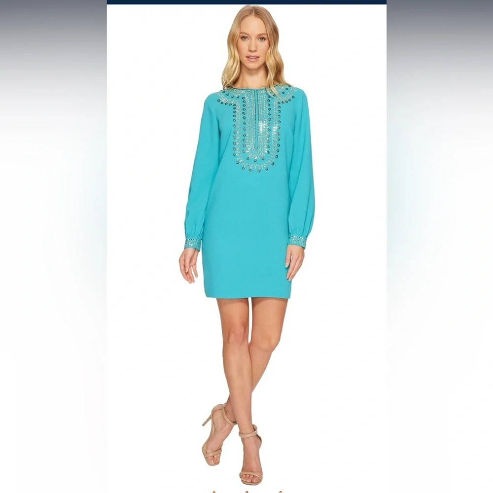 Trina Turk Women's Kapono Long Sleeve Embellished Classic Crepe Dress Sz 6 - Picture 3 of 11